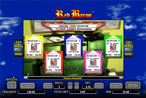 Choose from 5 Mission feature options on Red Baron slot machine